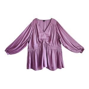 TORRID 5 Women's Plus 28 Satin Tunic Blouse Pink Smocked Waist V-Neck Shine 54"